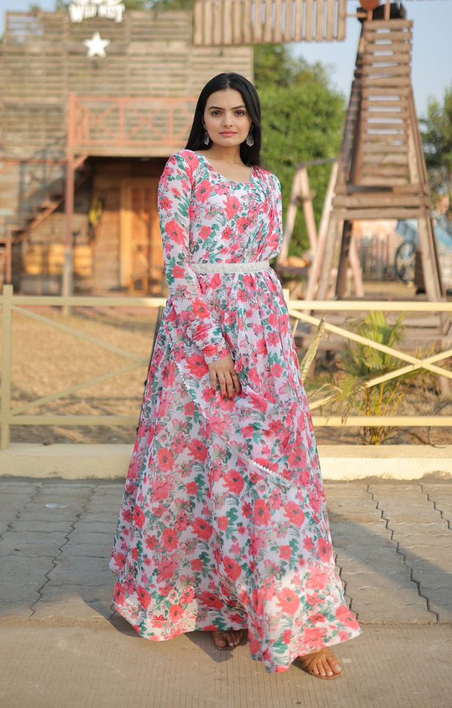 Floral Print With Peacock Design White Color Gown – Vastra Shop